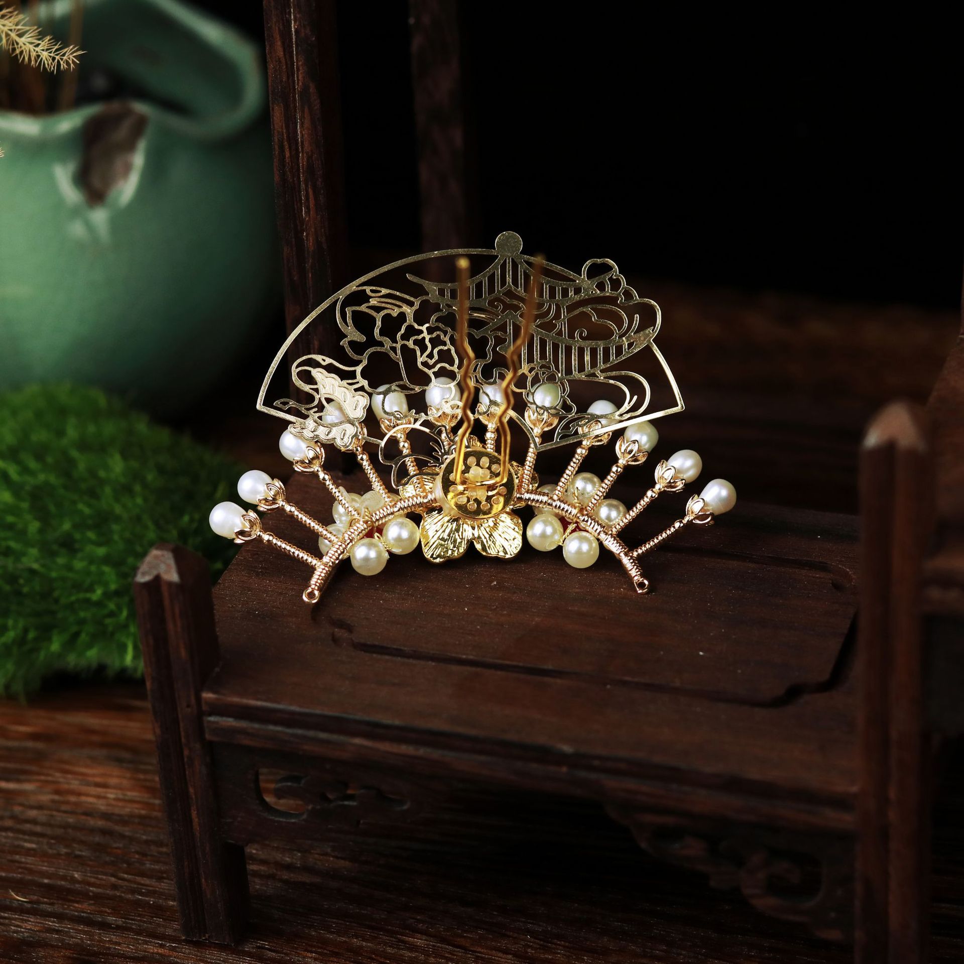 贰玥原创明制发饰 景泰蓝珍珠发夹 发冠 汉服发钗发簪【牡丹亭】