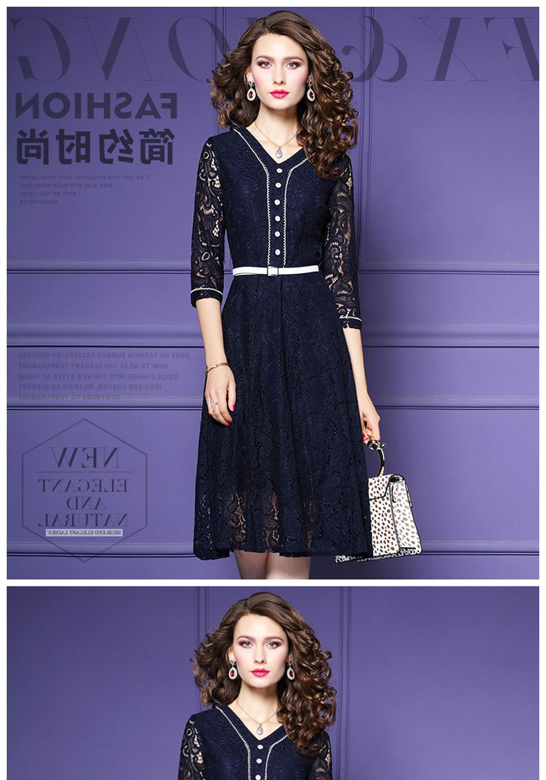 菲梦伊蕾丝连衣裙女2019秋装新款镂空气质拼接显瘦修身中长a字裙