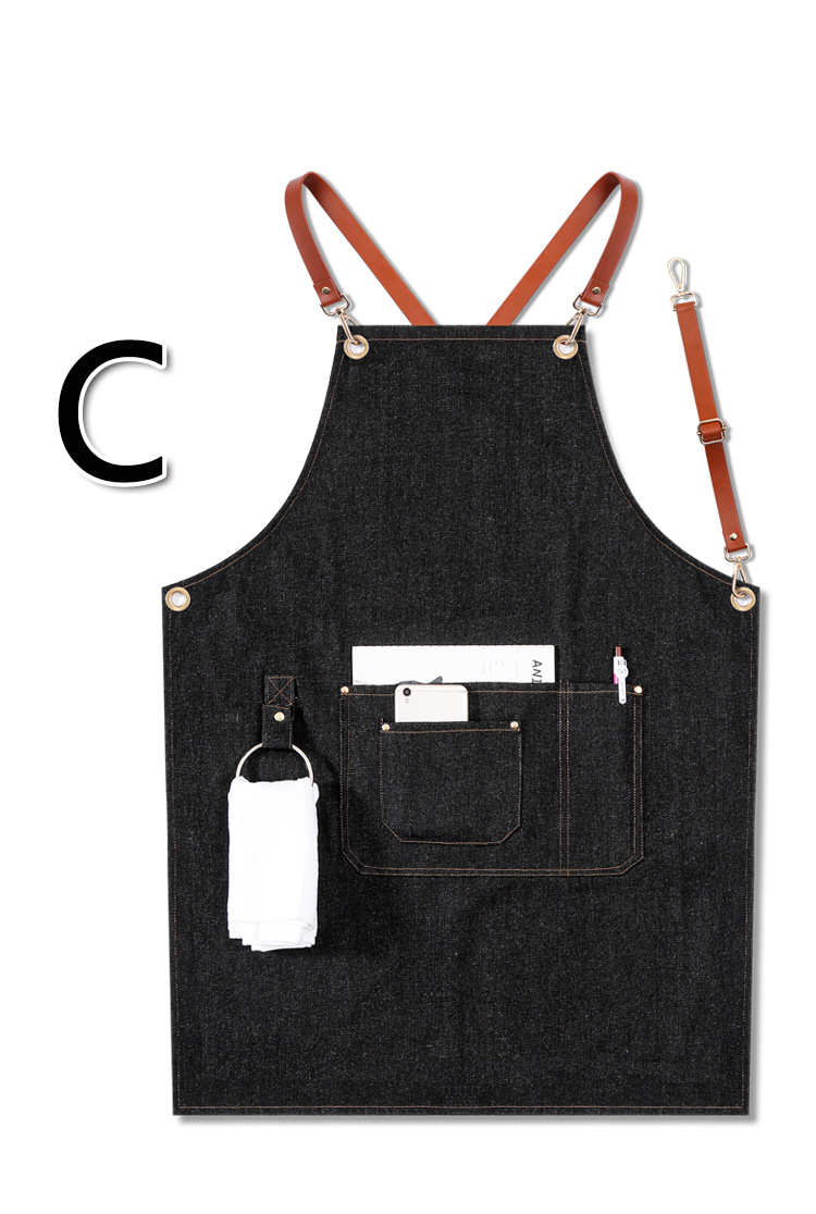 牛仔围裙皮肩带背带餐厅咖啡师奶茶店花艺理发师工作服印logo批发