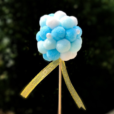 粉蓝紫珍珠毛球丝带蛋糕装饰插牌插件宝宝生日派对甜品台装饰插牌