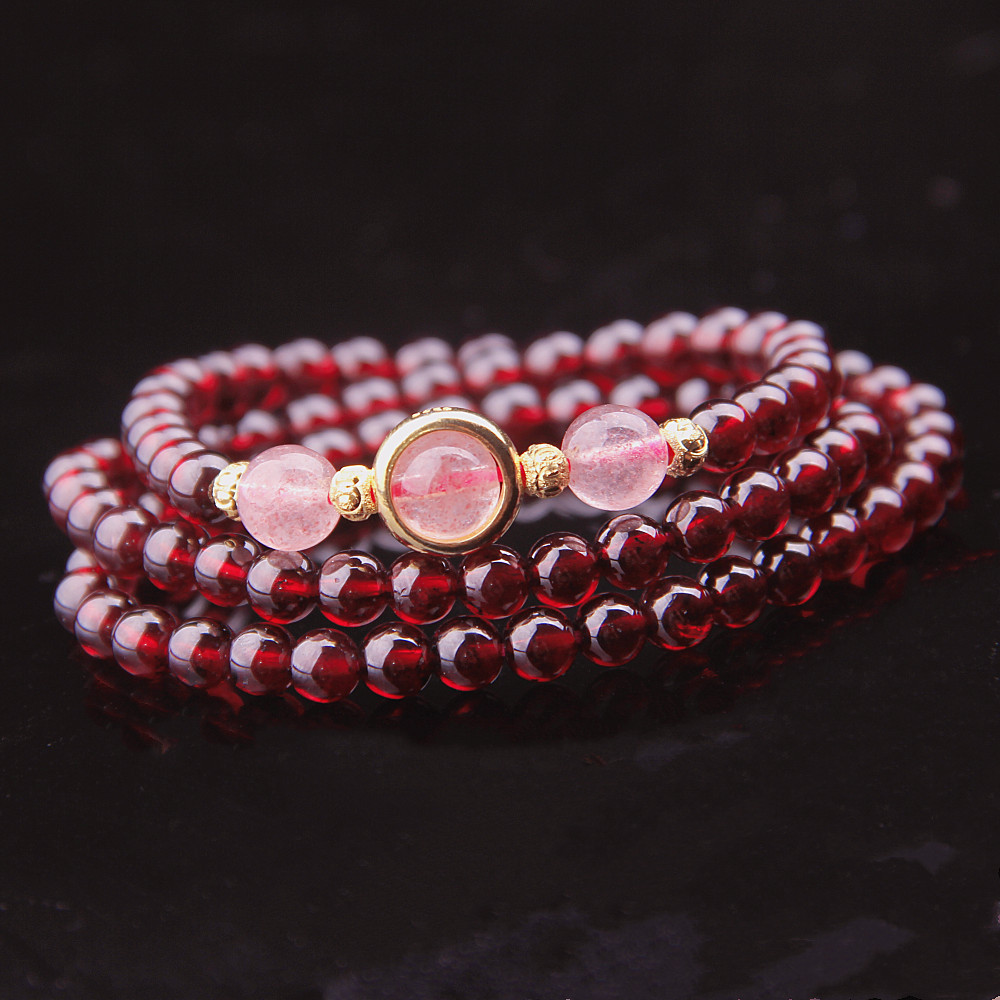 琦毅天然水晶石榴石手链女莫桑比克酒红色石榴石3圈手链925银镀金