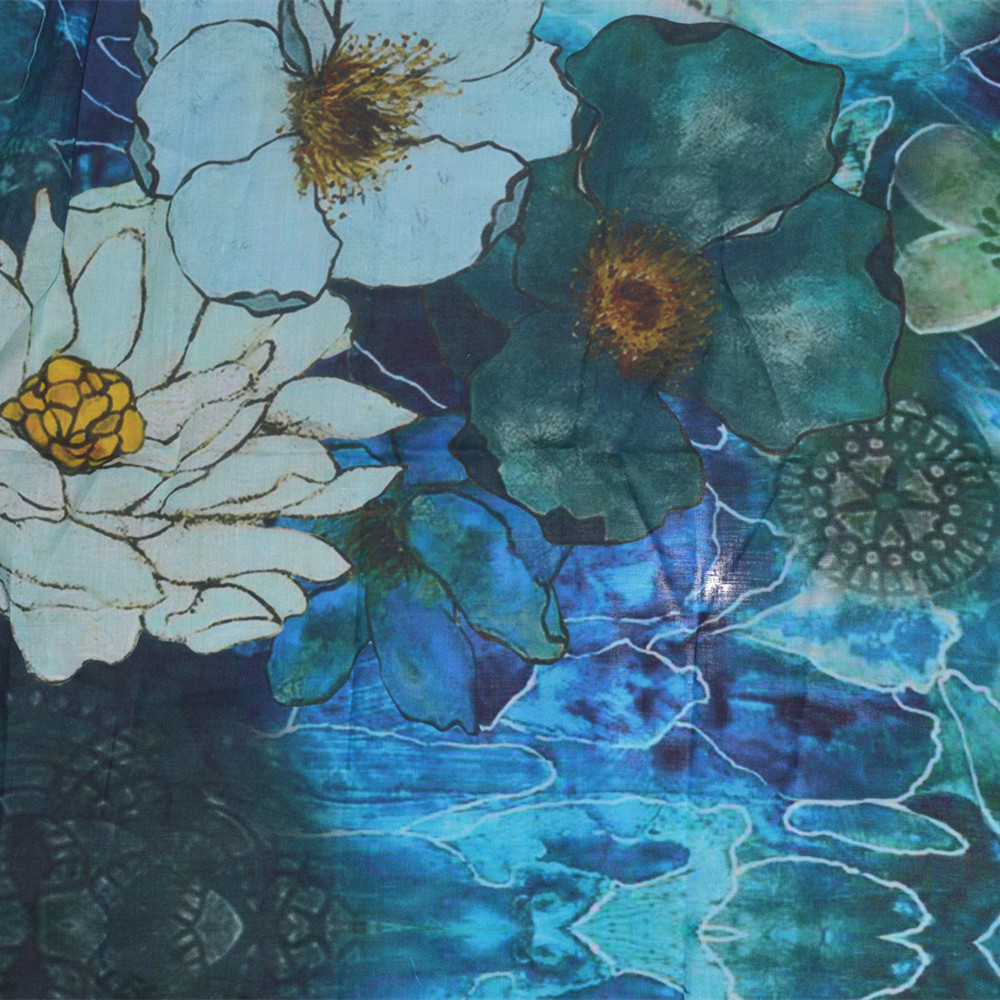 大荷花 苎麻印花布 数码印纯苎麻 文艺麻棉女装用布现货