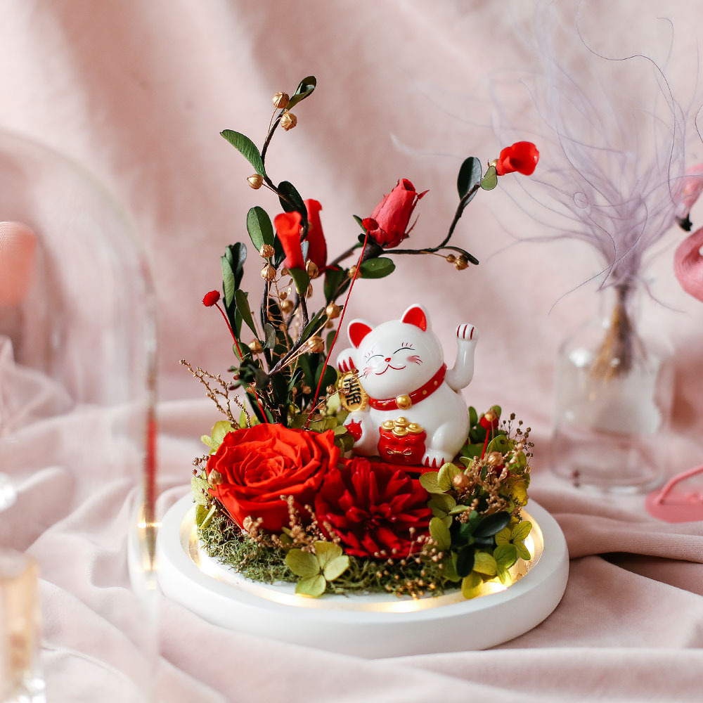 永生花招财猫玻璃罩成品开业礼品玫瑰花商务礼盒装饰摆件