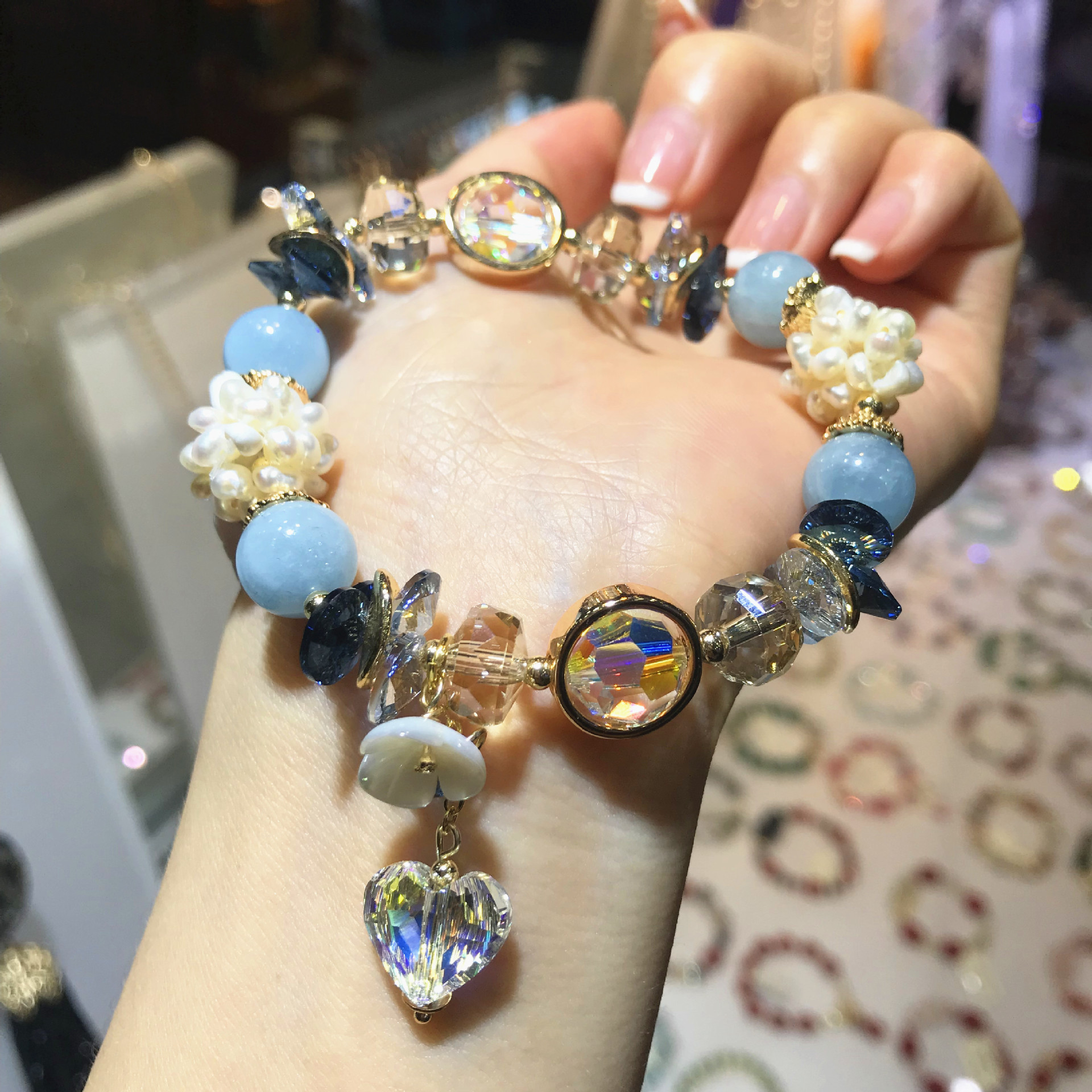 定制diy饰品天然粉晶淡水珍珠奥地利水晶手链手串直播实体店货源