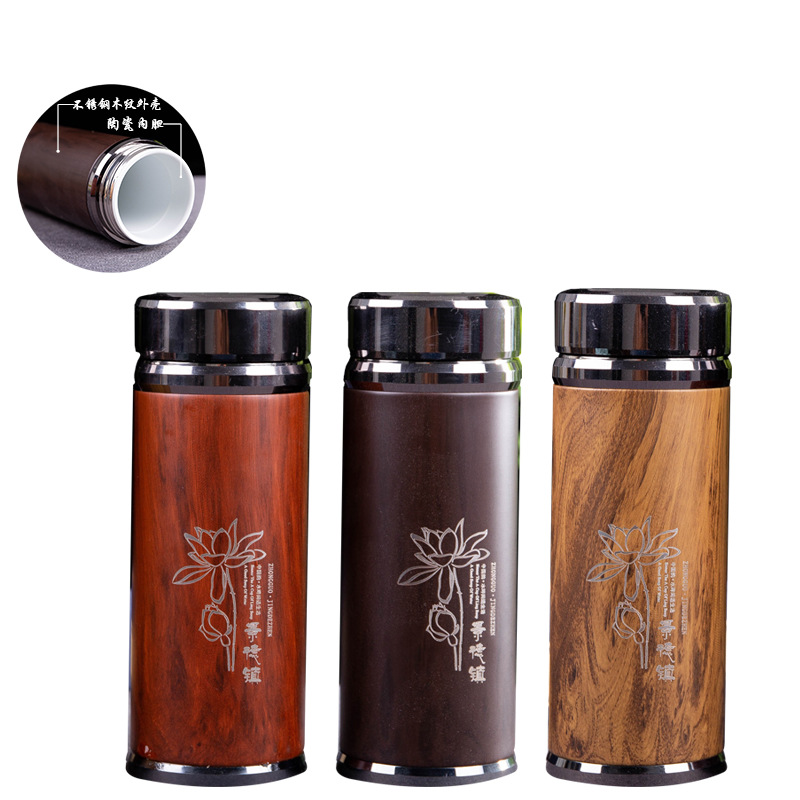 New Stainless Steel Vacuum Cup Men's Business Ceramic Office Cup Water Cup Wood Grain Tumbler Business Gift Wholesale