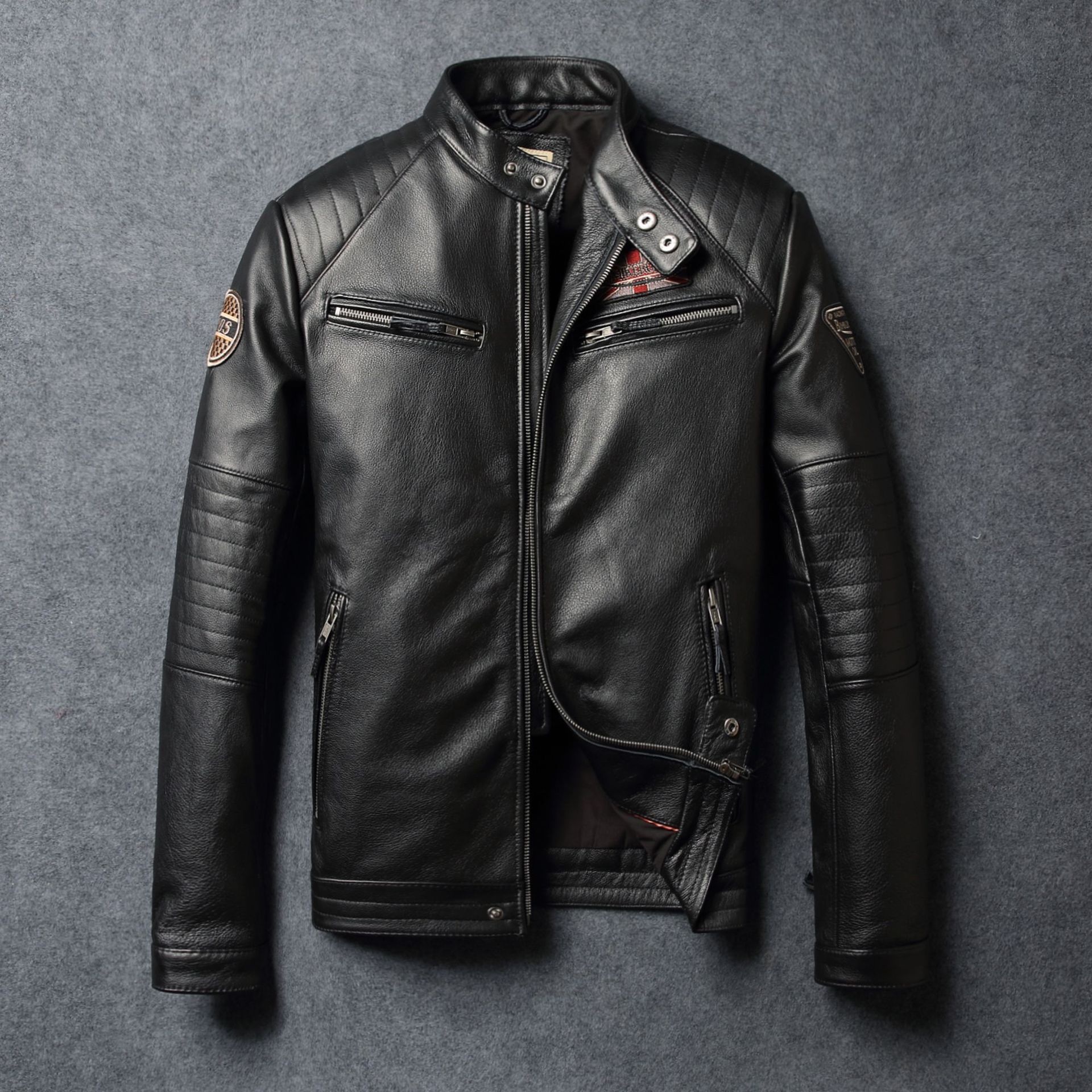男真皮皮衣刺绣机车夺标机车服牛皮皮衣
