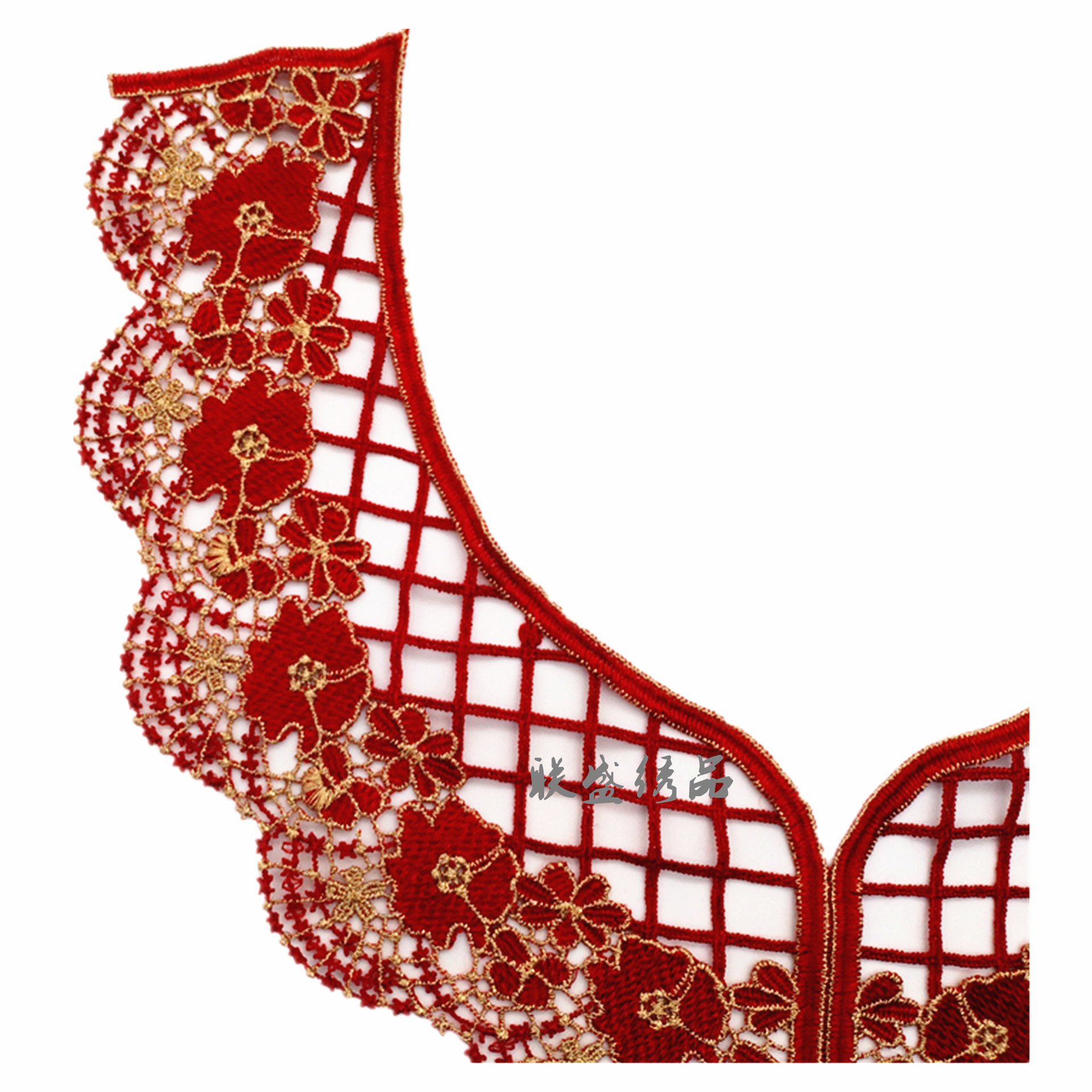 新款酒红色水溶刺绣领花 裙子表演服流行精美辅料 涤纶金丝 价优