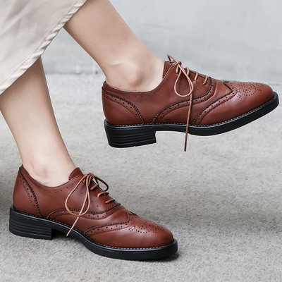 真皮粗跟系带布洛克皮鞋女2019秋季新款英伦风复古百搭平跟牛津鞋