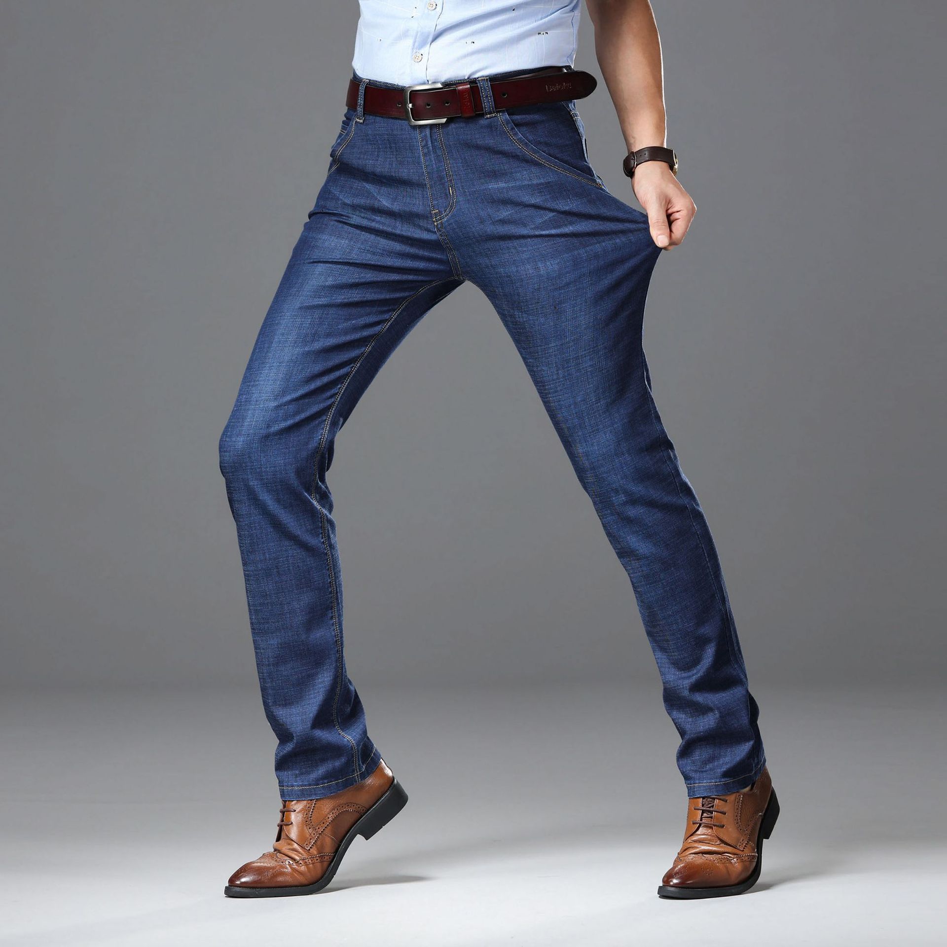 2021春夏款牛仔裤中腰修身直筒男式牛仔裤弹力大码薄款牛仔裤批发