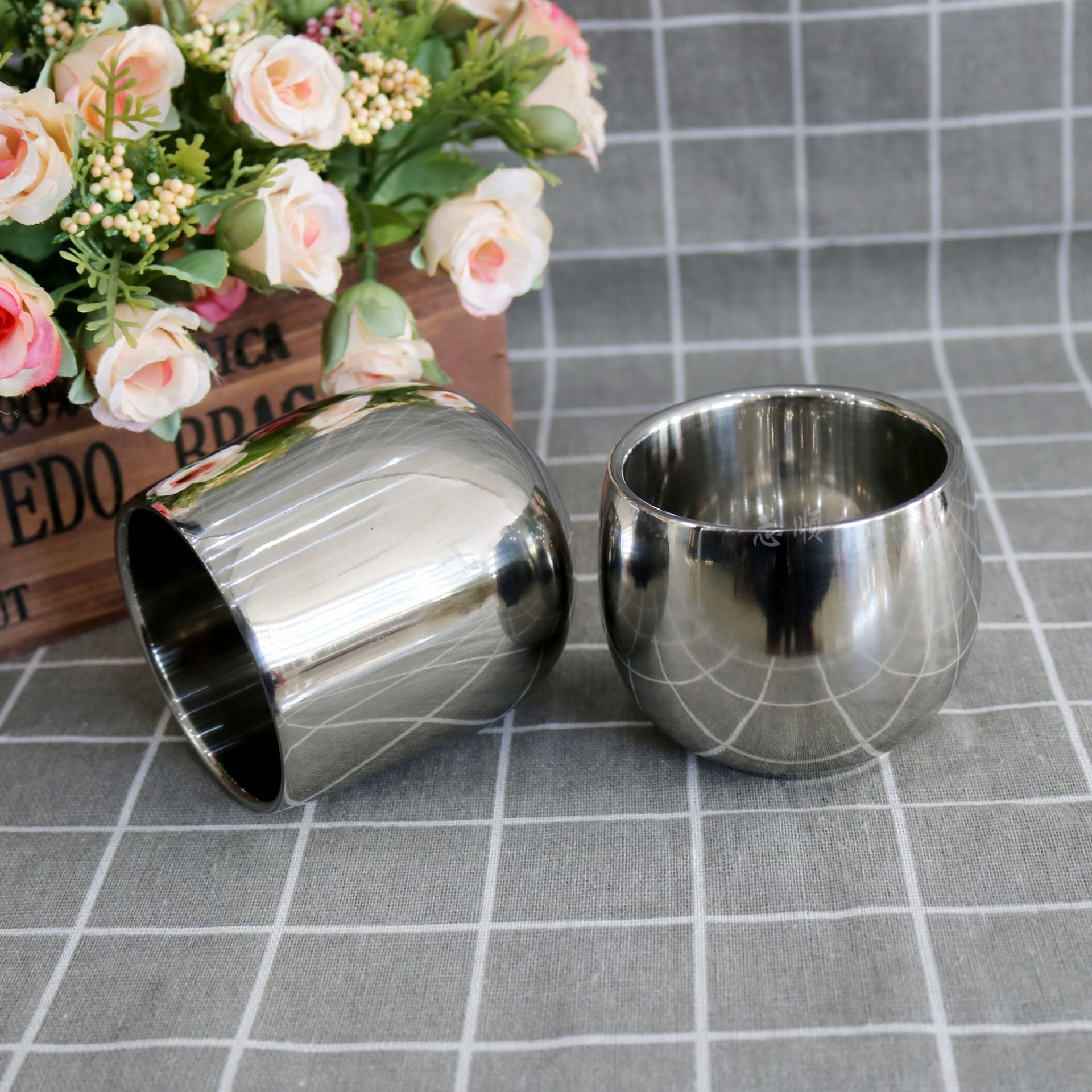 不锈钢双层杯 弧形杯 防烫双层口杯茶杯玲珑杯大肚水杯 u型鸡蛋杯