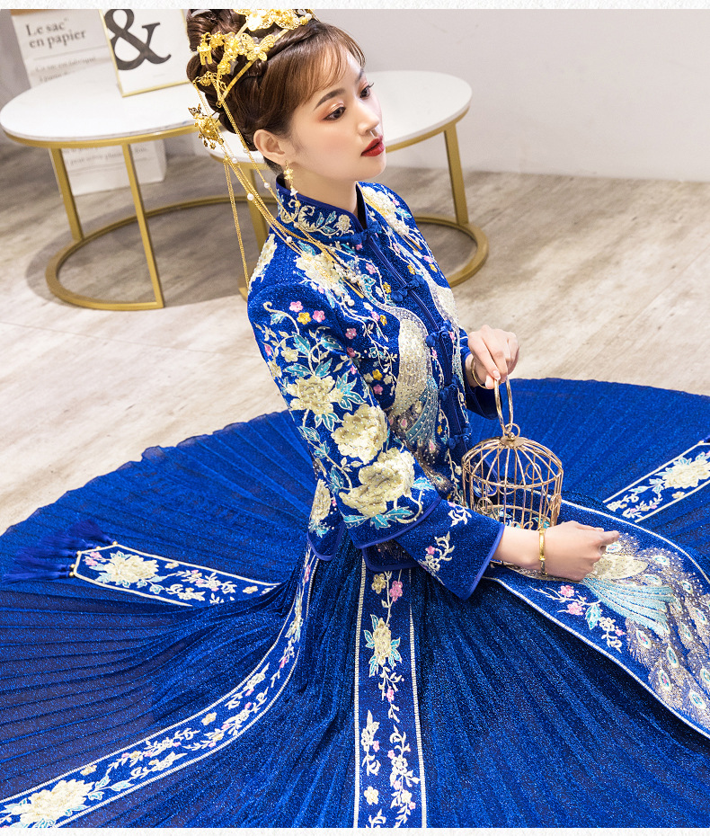 蓝色秀禾服夏季新娘礼服结婚薄款敬酒服带钻修身显瘦秀禾2019新款