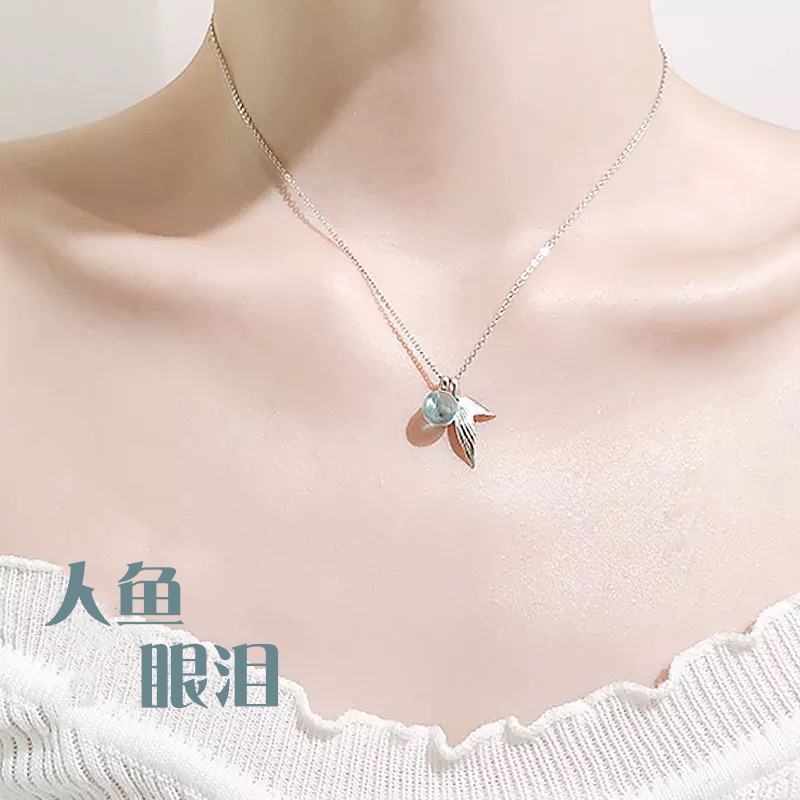 人鱼的眼泪蓝色泡沫项链女s925纯银日韩版简约学生清新森系锁骨链