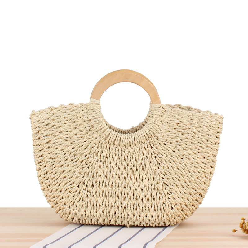 Wooden Handle Carrying Straw Bag Paper String Handmade Woven Beach Bag Mori Style Solid Color Large Capacity Women's Bag