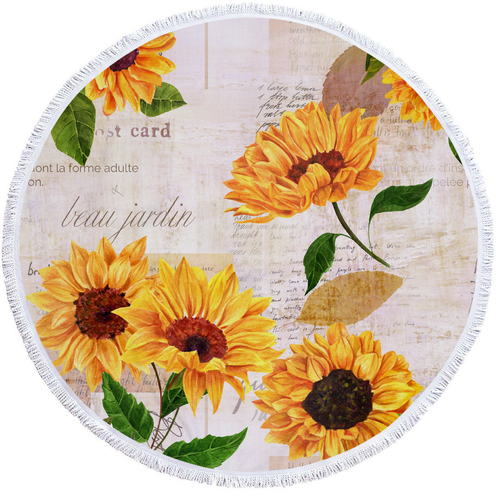 厂家直供圆形印花沙滩巾超细纤维加流苏手感软可定logo向日葵款