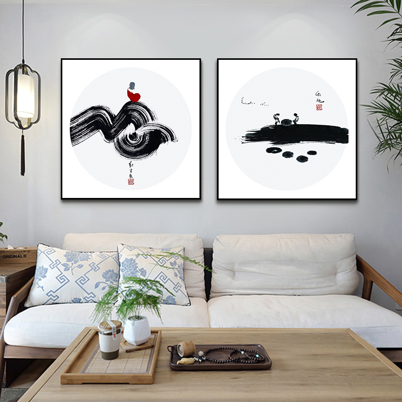 新中式客厅装饰画禅意水墨壁画正方形厚画框玄关餐厅茶室书房挂画
