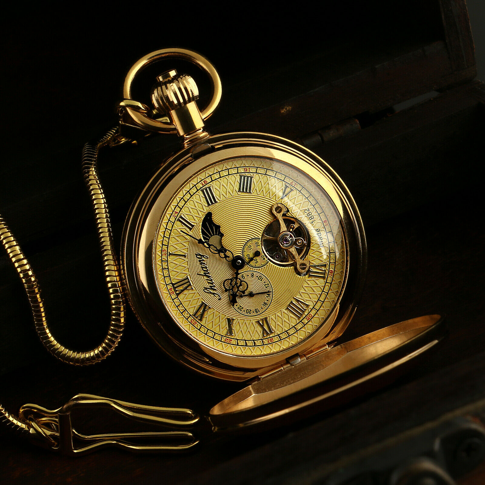 复古男士飞轮月相真铜机械怀表老式怀旧手动发条机械怀表奢华怀表