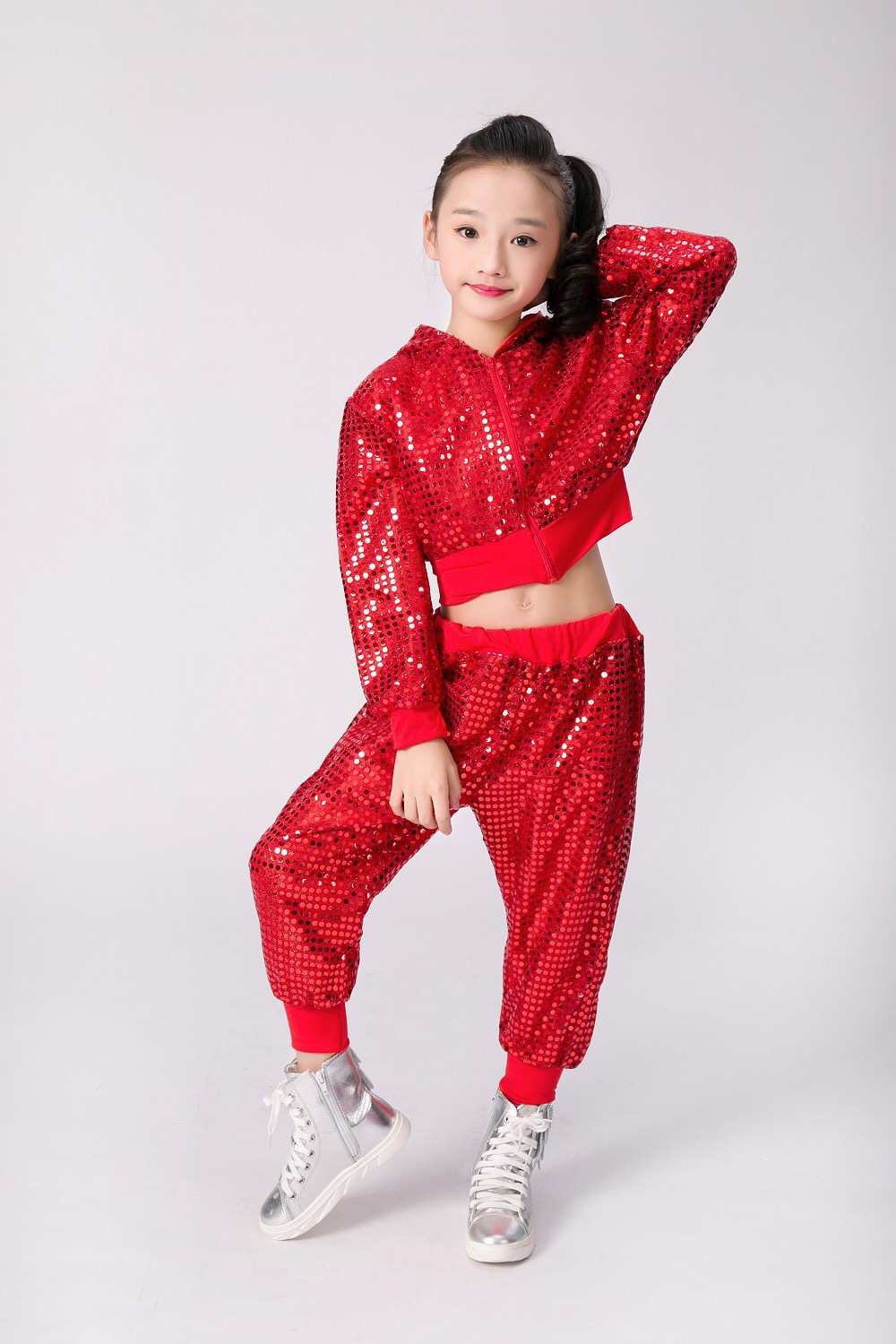 六一女童爵士舞演出服儿童舞蹈舞台表演服女孩露脐亮片长裤套幼儿