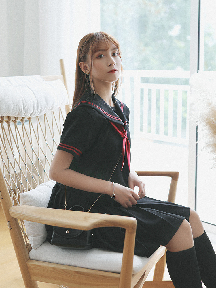 日系jk制服长袖刺绣赤二本软妹服不良黑色水手服学生装中间服套装