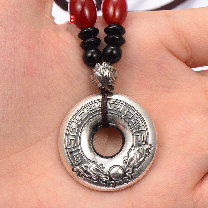 999足银实心六字真言心经平安扣男吊坠项坠女饰品银挂件礼品