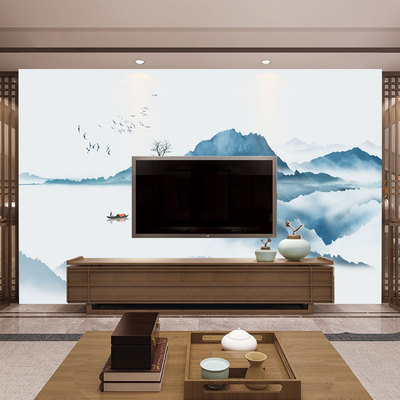 3d现代新中式水墨山水画墙纸简约写意境客厅电视背景墙壁纸布壁画