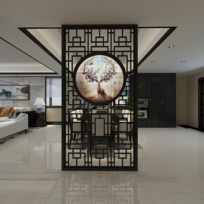 现代新中式办公室屏风 实木格栅屏风隔断 木质雕花镂空花格厂家