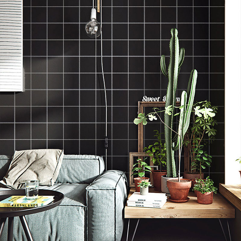 梵汐黑色格子即时贴墙纸 家具墙壁翻新自粘墙纸自粘 装饰h1362-5