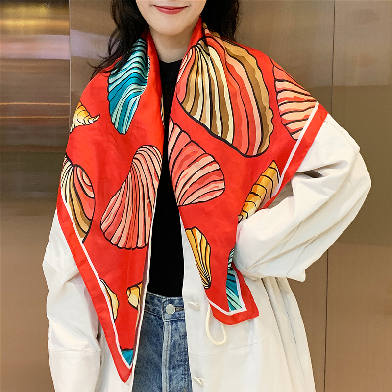 Colorful Shell Spring and Autumn New 90 Square Scarf Printing Emulation Silk Scarf Women's Scarf Professional Decoration Multi-Purpose Shawl