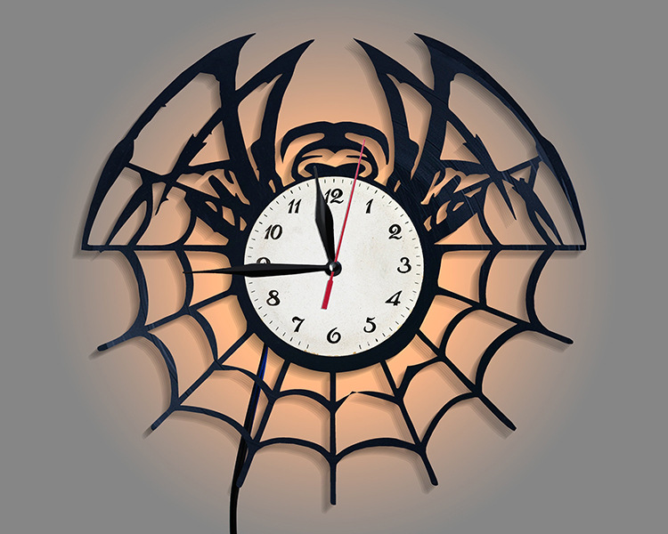 蜘蛛创意艺术黑胶唱片挂钟表spider墙面钟 led夜灯遥控时钟表