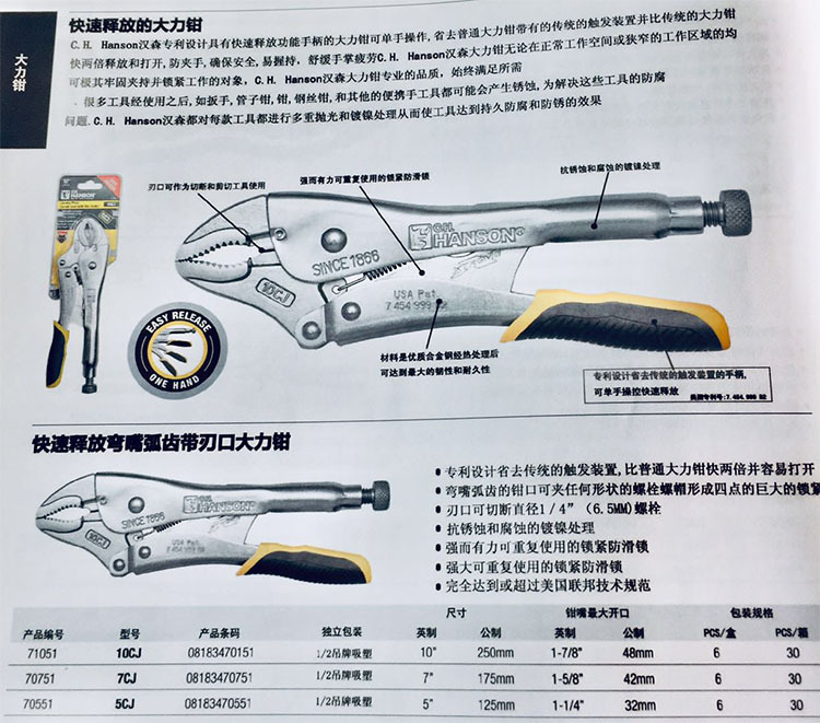 usa汉森hanson多功能c型固定钳 圆口平咀尖咀快脱可调红尾大力钳