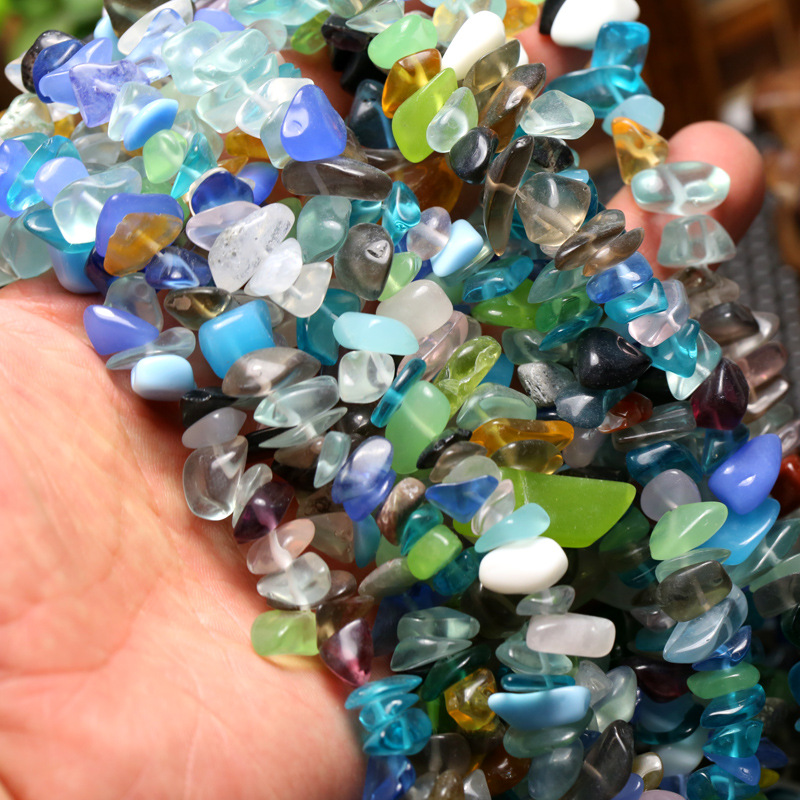 一串价七彩琉璃石碎石链条 链长约85厘米七彩人造琉璃碎石串链