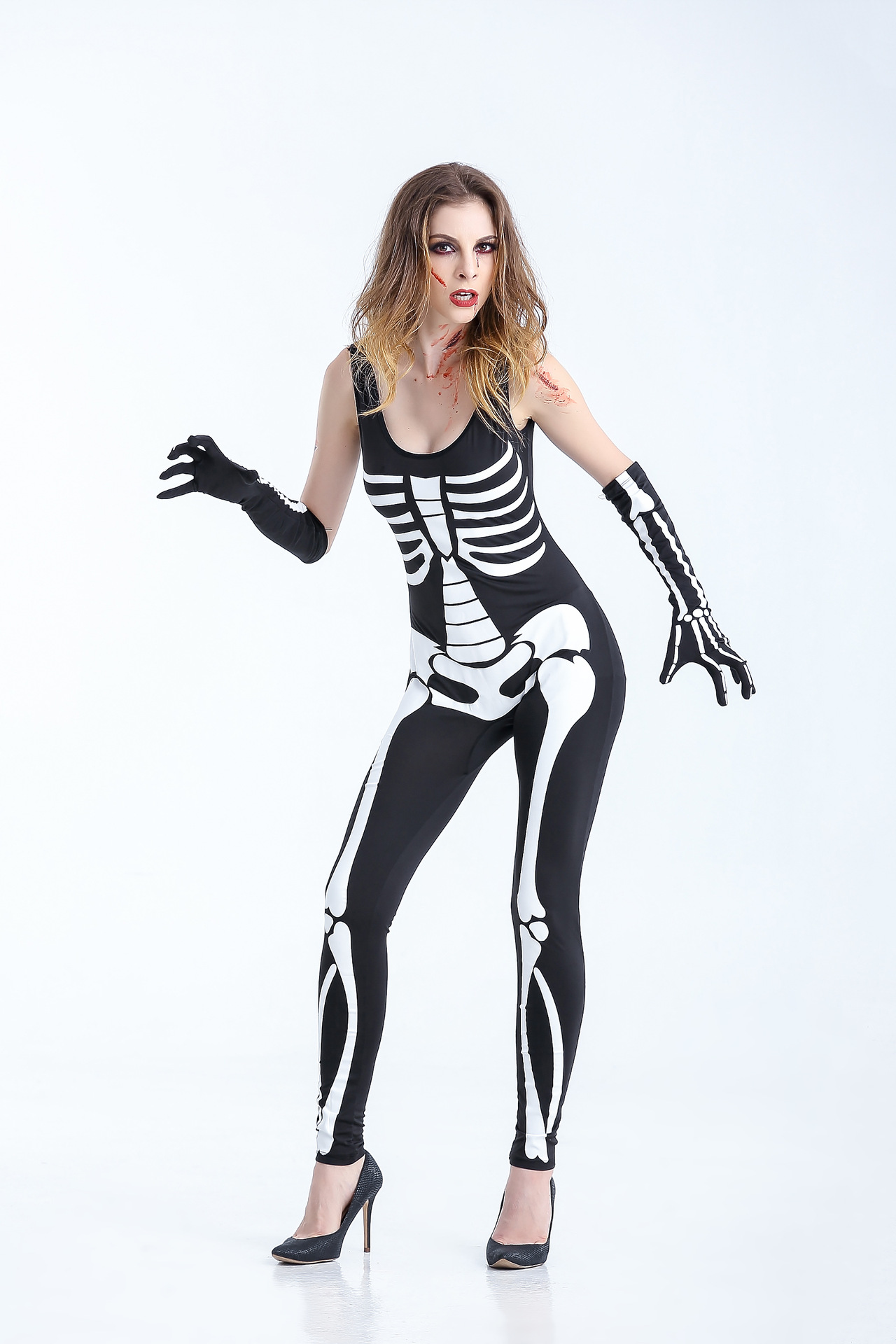 万圣节2019新款化装舞会骷髅女服装 3d印花恐怖骷髅骨架 一件代发