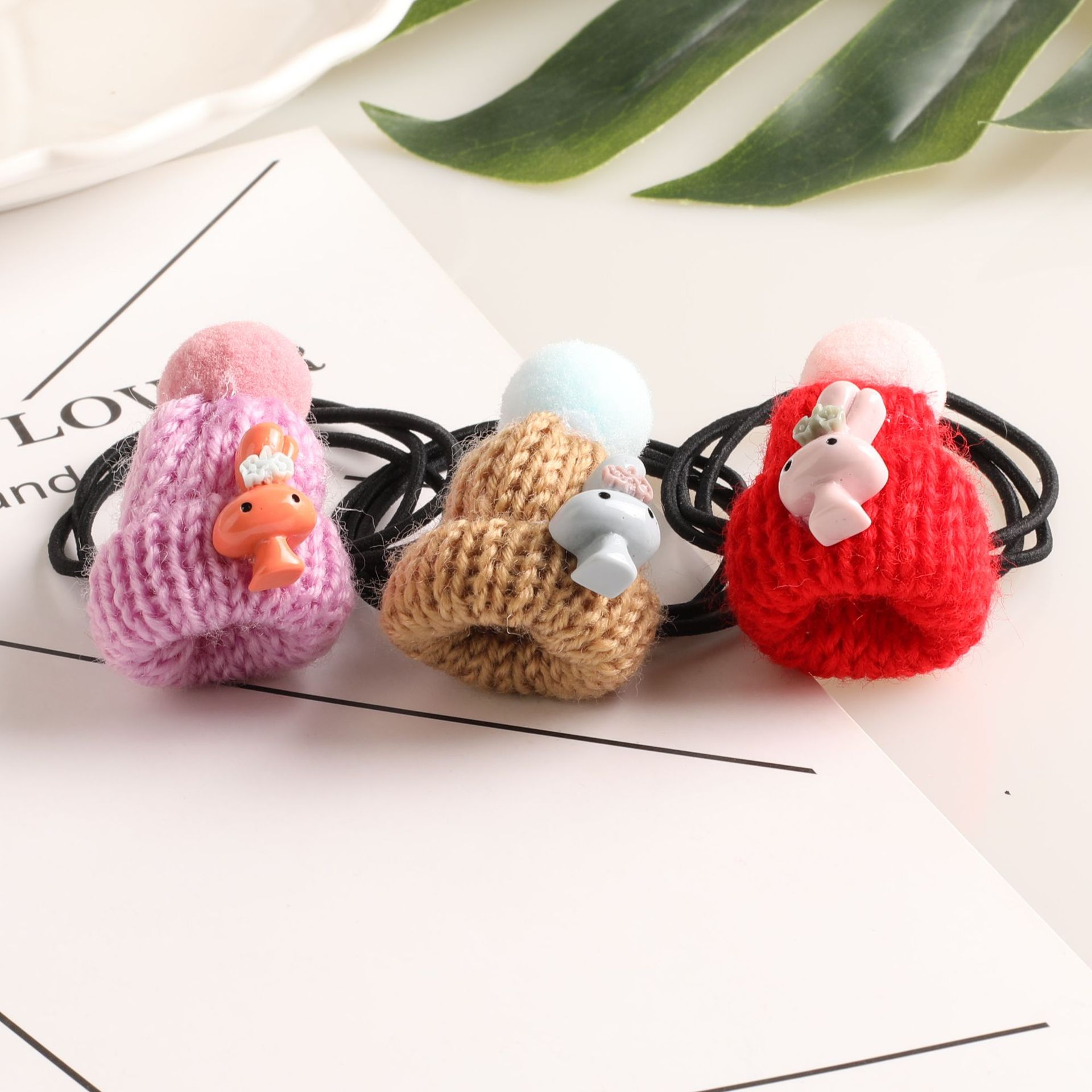 韩版网红少女发绳卡通毛绒发圈编织线帽子头绳批发饰品店义乌货源