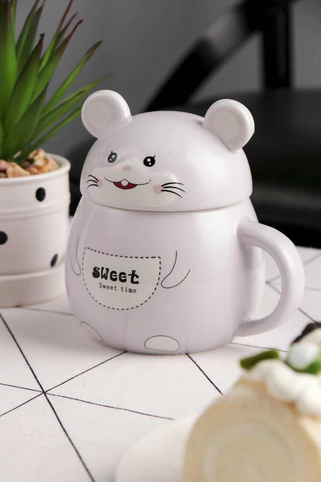 日式创意个性礼品卡通老鼠马克杯带盖子咖啡杯早餐杯办公室喝水杯