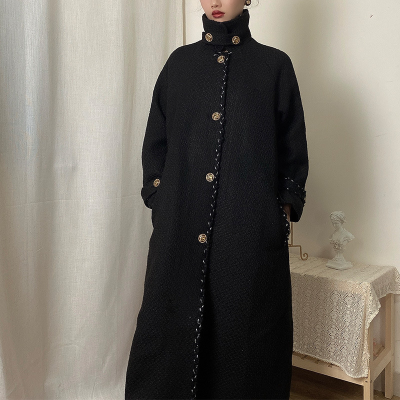 从一同款花瓣领翻领黑色赫本风粗花呢大衣女长款外套风衣厚秋冬