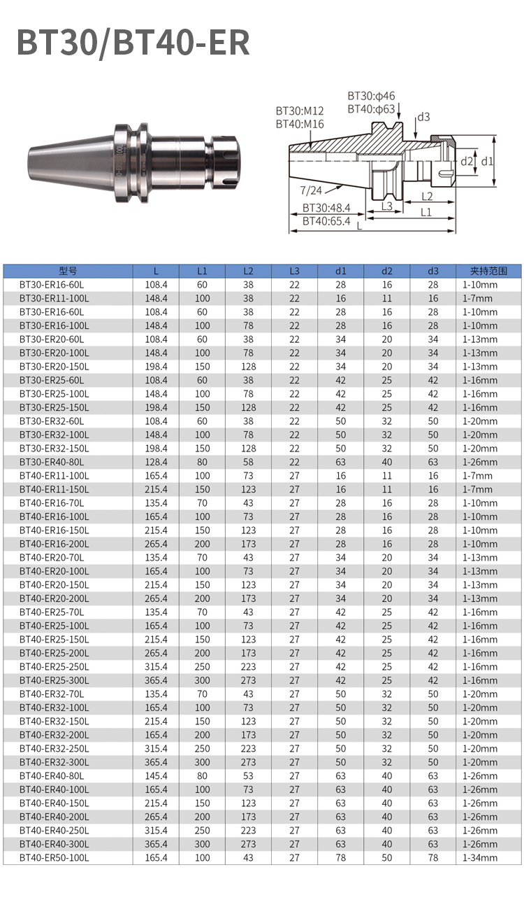 高精度动平衡刀柄cnc加工中心数控刀柄bt30/bt40-er16 20 32 100l
