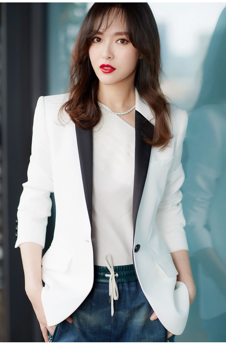 唐嫣微博明星同款白色西装修身显瘦气质拼色外套ol风职业小西服女