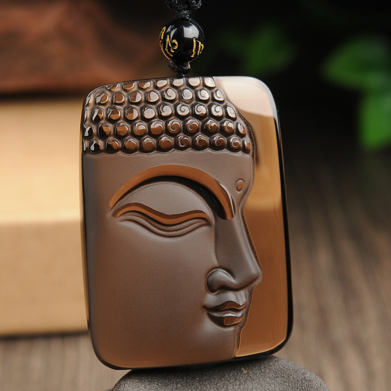 天然冰种黑曜石半面佛吊坠 黑曜石阿弥陀佛佛头吊坠 男士项链