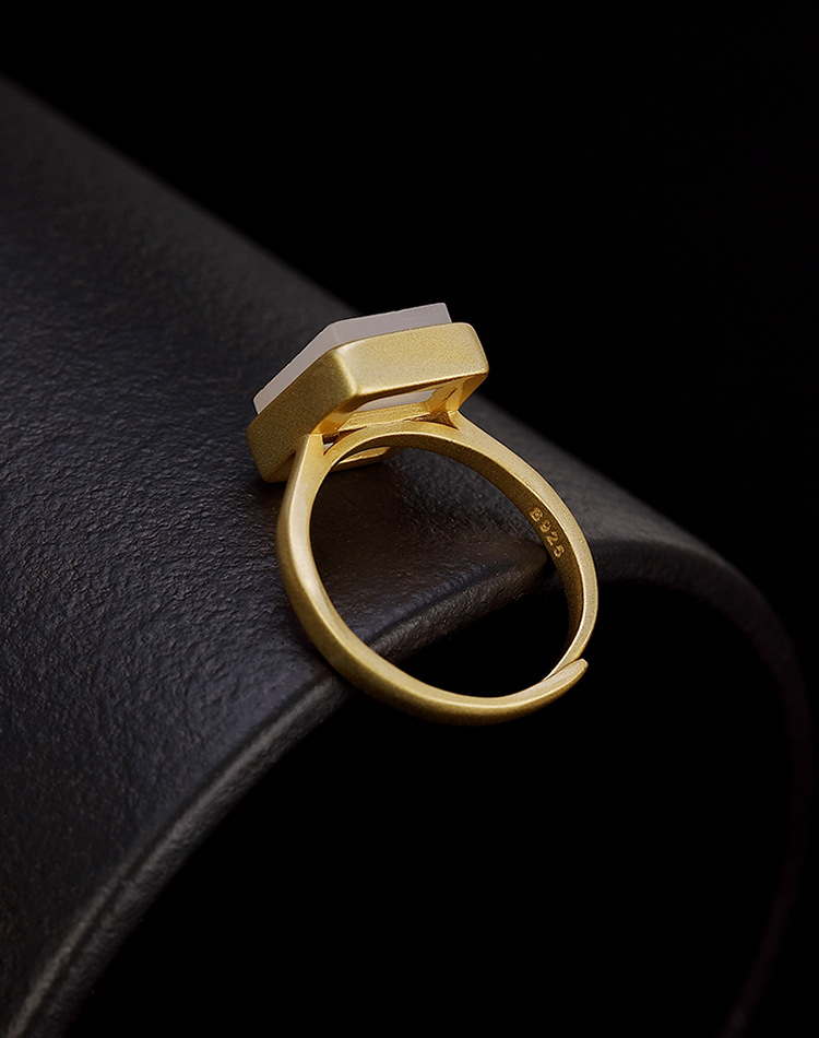 s925纯银镀金镶嵌和田玉白玉长方形磨砂高档开口戒指货号g10049