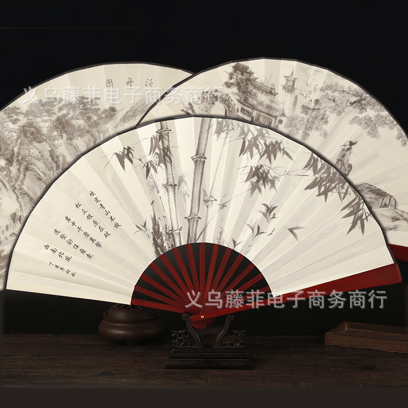 Scenic Spot Antique Fan Folding Fan Chinese Style Men's Spun Silk Fan Folding Fan Complex Classical Ancient Portable Fan for Daily Use