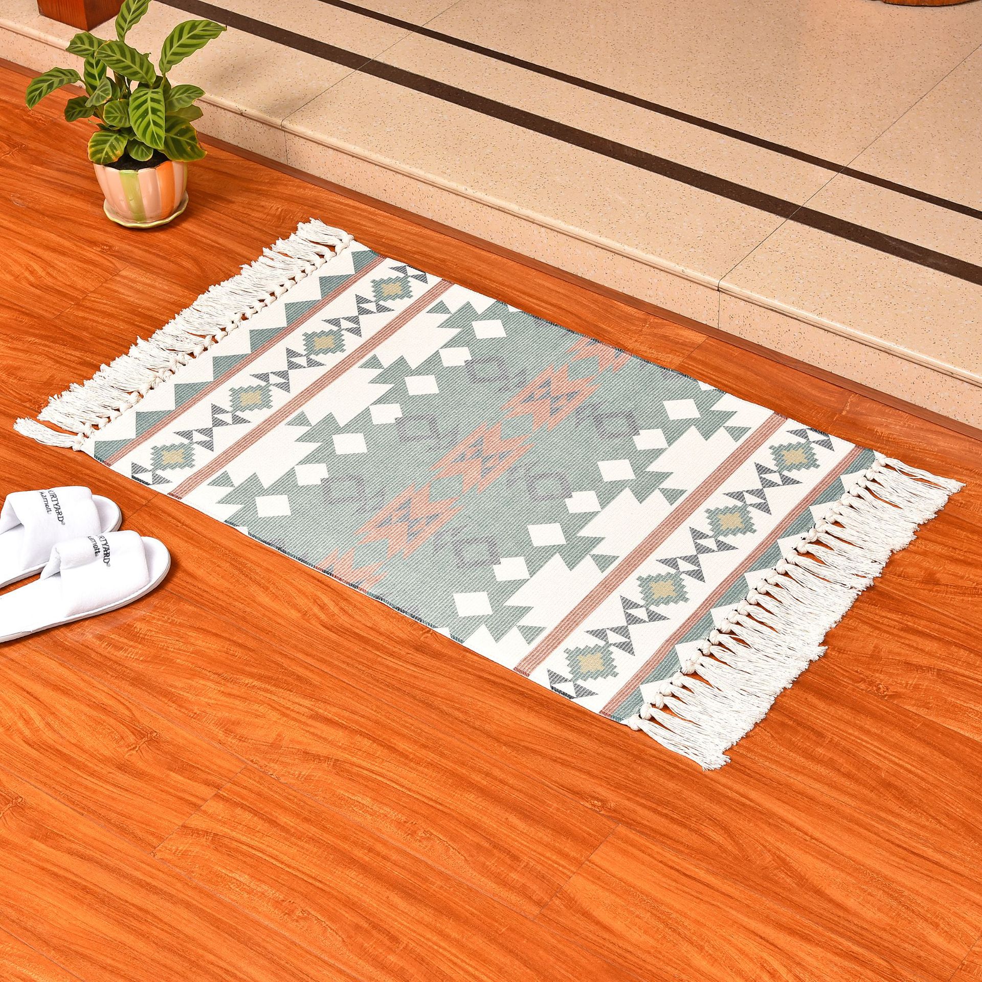 亚马逊热销棉线编织地垫地毯 数码印花流苏门垫进门卧室床边脚垫