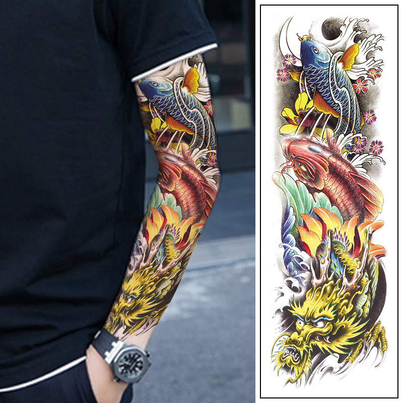 彩色鲤鱼彩色龙头全臂花臂纹身贴纸仿真刺青文贴