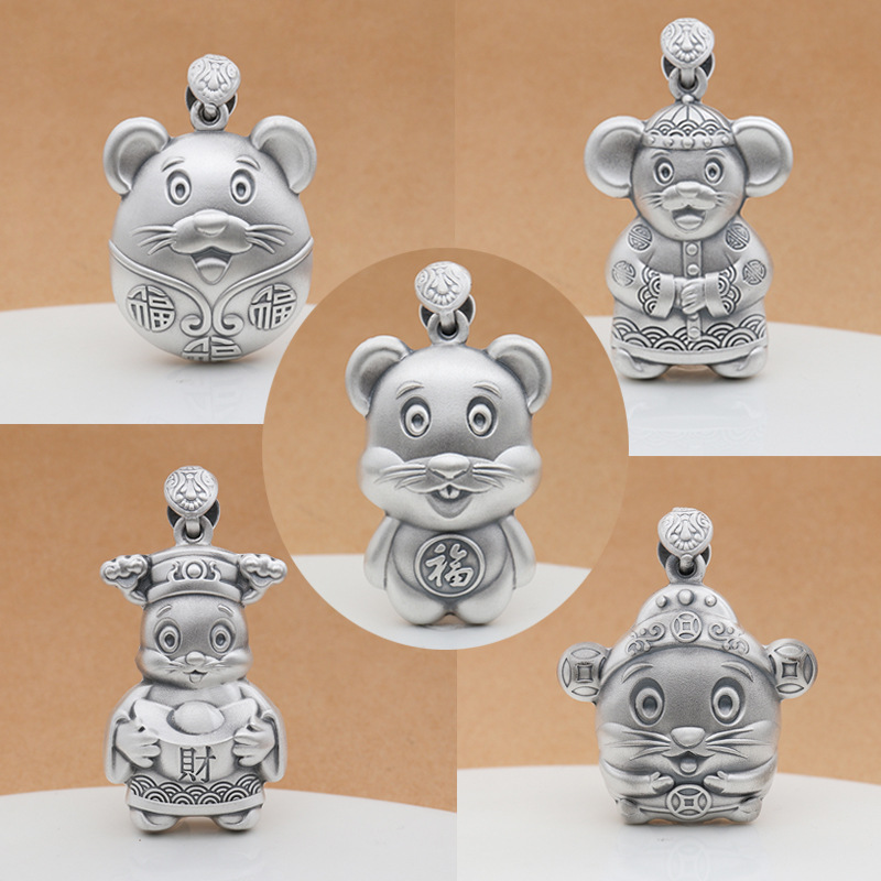 s999足银本命生肖鼠吊坠复古状元老鼠编织项链男女情侣毛衣链吊坠