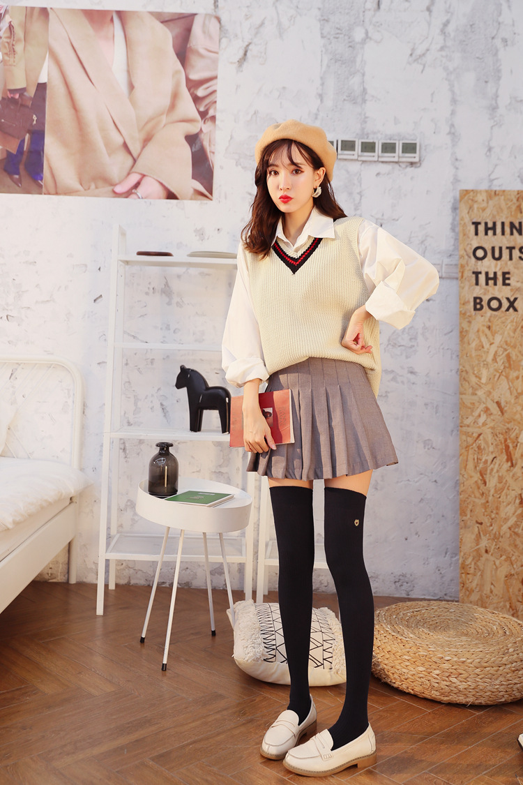 秋冬日系过膝袜 全棉徽章刺绣双针抽条长筒大腿袜 显瘦高筒女袜子