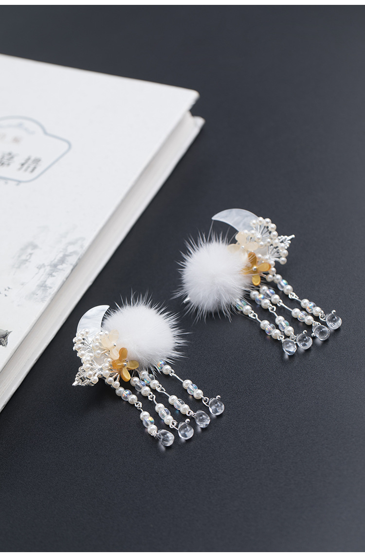 现货原创手工古风汉服配饰少女毛球月亮发夹流苏对夹古装头饰