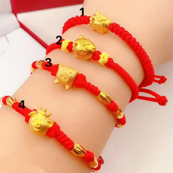 仿黄金小猪转运珠编织手链女3d硬金路路通金珠本命年仿金红绳手链