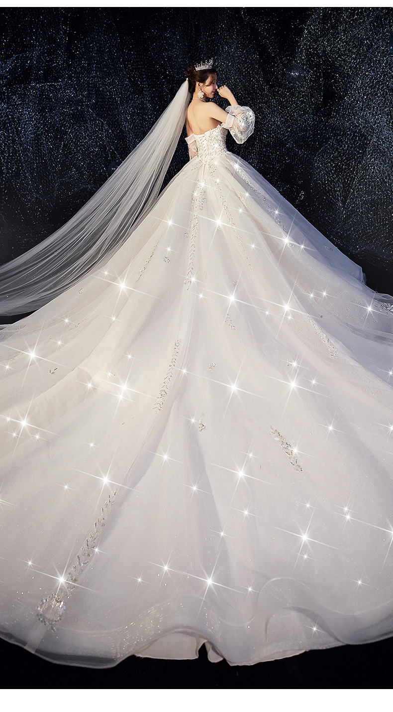 一字肩婚纱2022新款新娘森系超仙梦幻长拖尾礼服抖音网红主婚纱女