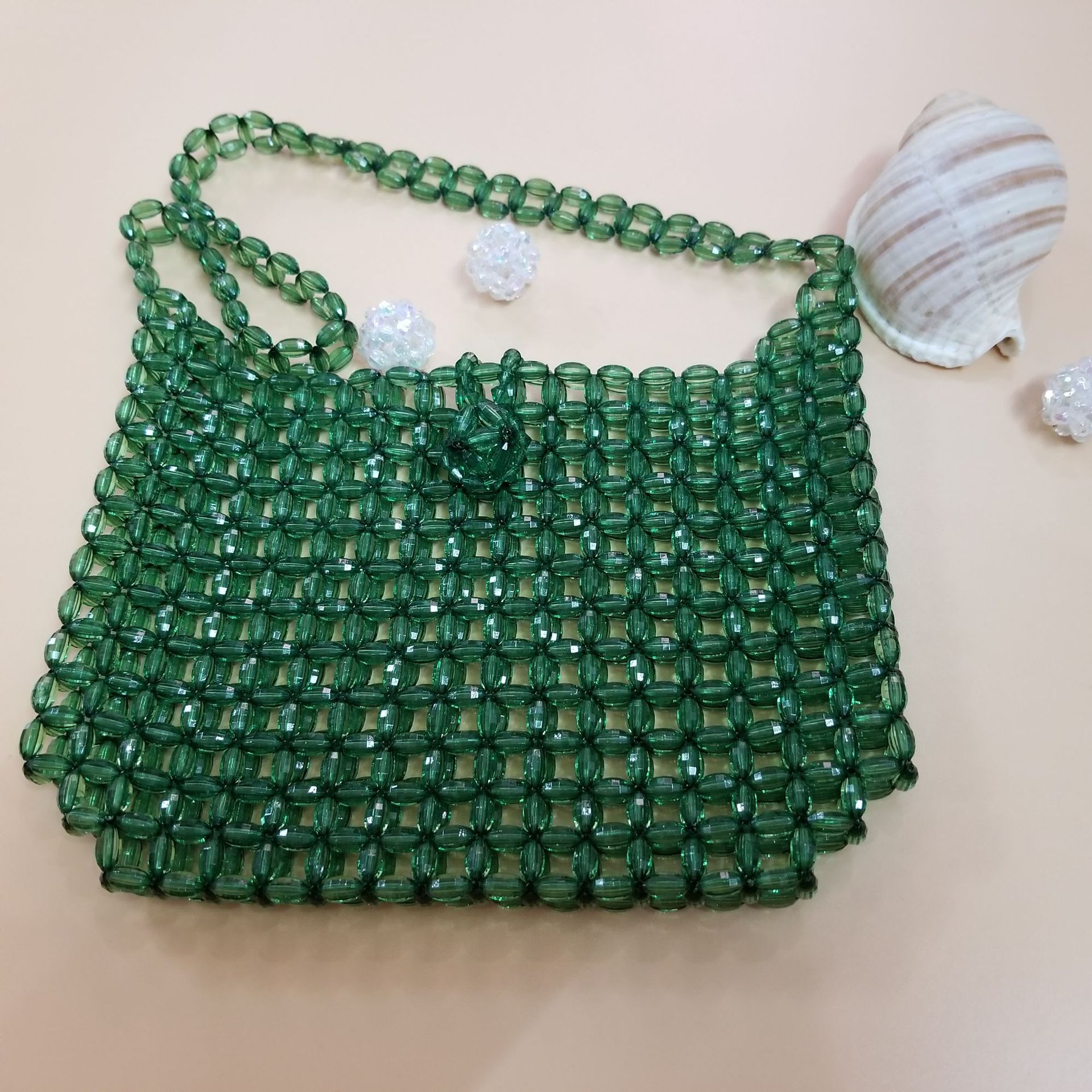 工厂直销透明玛瑙绿手工编织水晶串珠包包单肩包手拿包四方镂空包