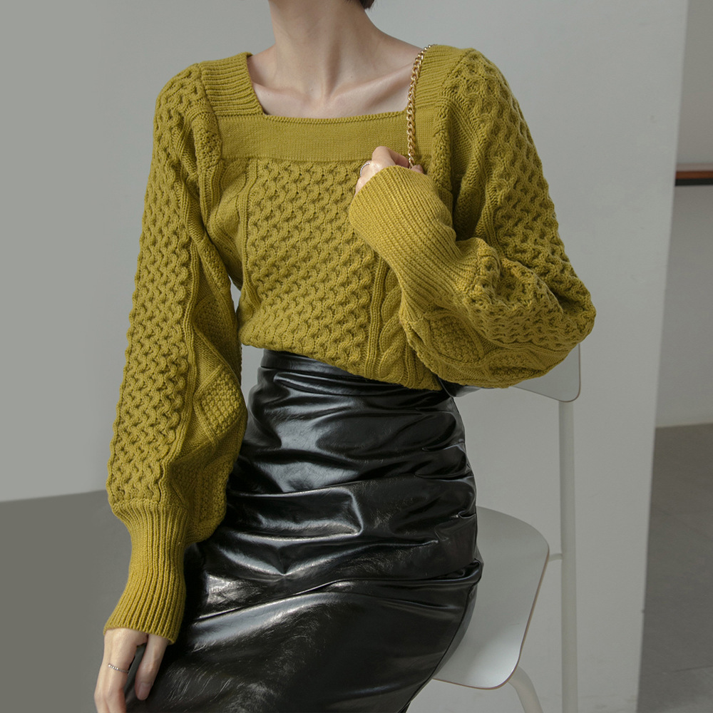 2020韩版秋冬季新款简约复古麻花方领宽松慵懒长袖毛衣女装m248