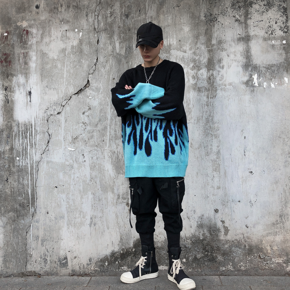 秋冬加厚绣花嘻哈hiphop长袖情侣毛衣 oversize国潮ins针织上衣男