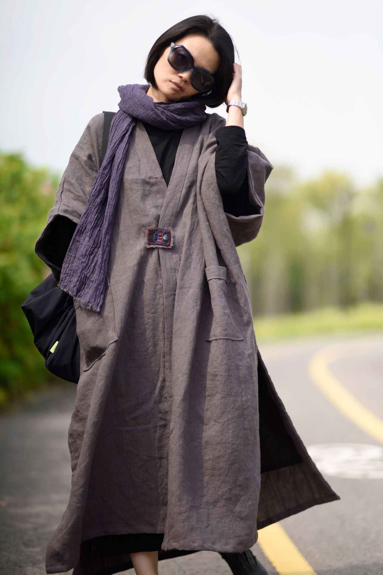 1909/隐 亚麻 深秋款厚实纹理加里衬粗犷颓废感披肩长袍风衣